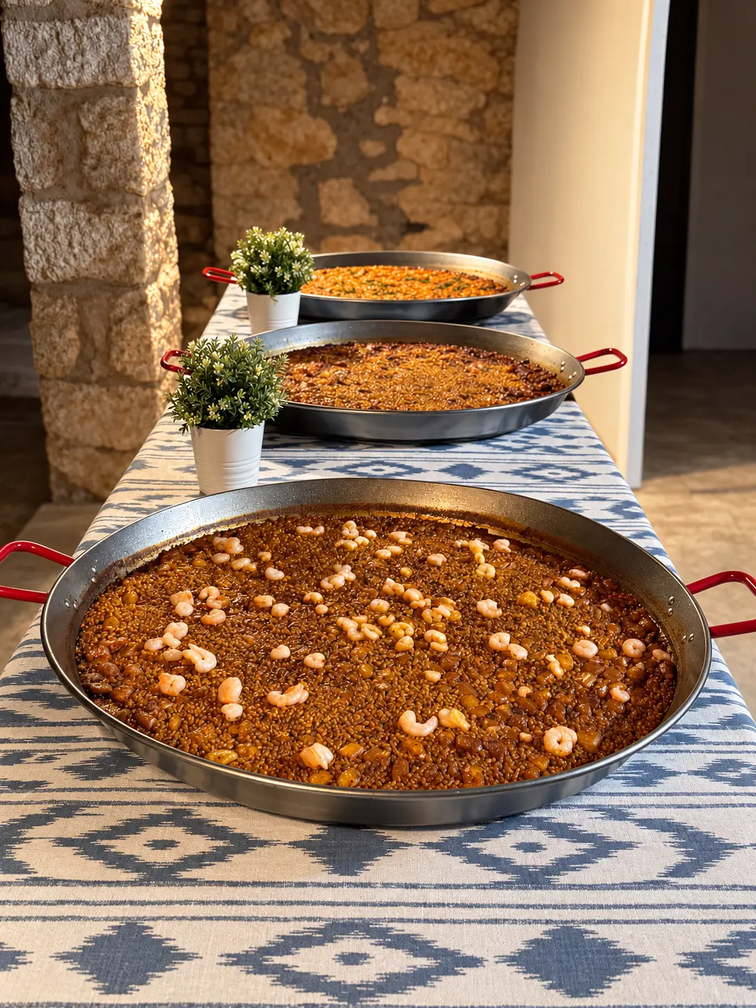Tres paelleras de Can Arrocet preparadas para una celebración