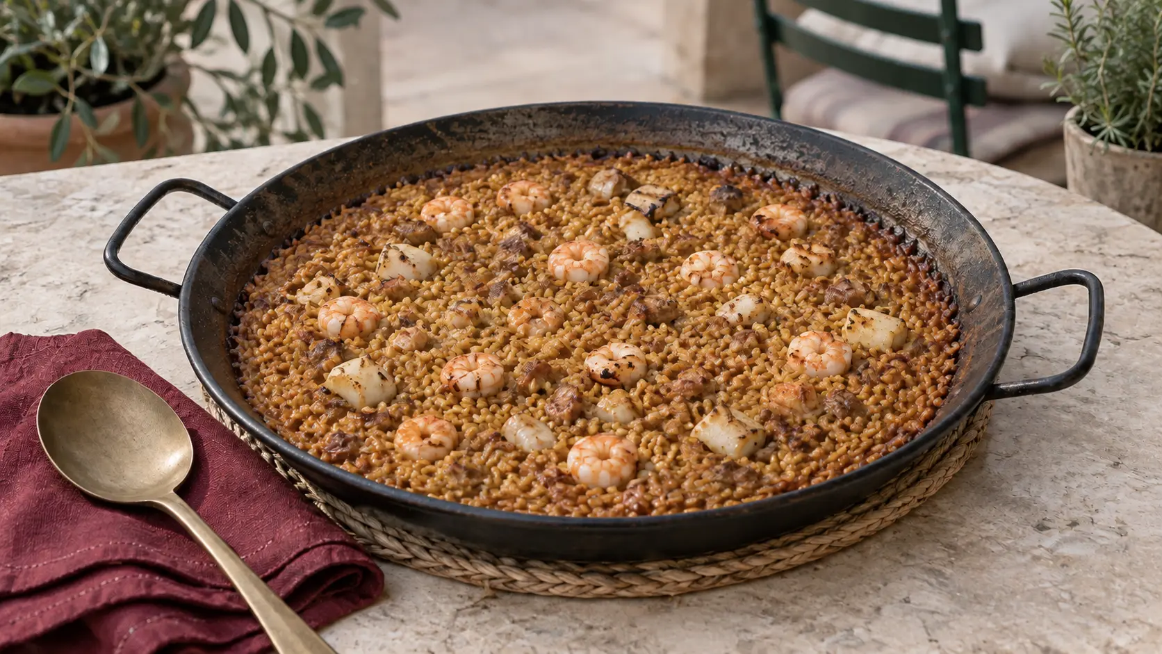 Paellera de arroz del Senyoret de Can Arrocet servida sobre una mesa
